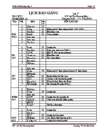 Thiết kế bài dạy học kì 1 lớp 5 - Tuần 12 Năm học 2020-2021 - Lê Thị Phương Mai - Trường Tiểu học Lê Bá Trinh