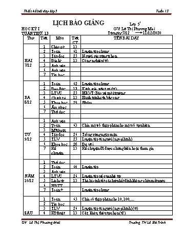 Thiết kế bài dạy học kì 1 lớp 5 - Tuần 13 Năm học 2020-2021 - Lê Thị Phương Mai - Trường Tiểu học Lê Bá Trinh