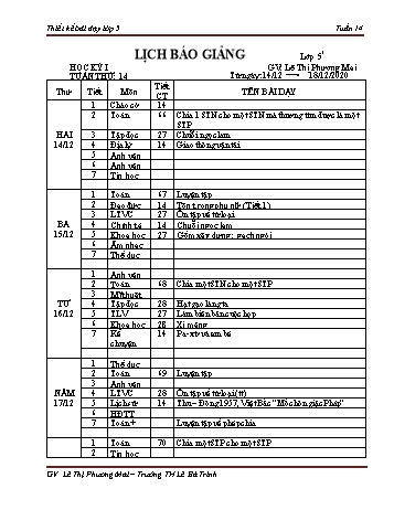 Thiết kế bài dạy học kì 1 lớp 5 - Tuần 14 Năm học 2020-2021 - Lê Thị Phương Mai - Trường Tiểu học Lê Bá Trinh