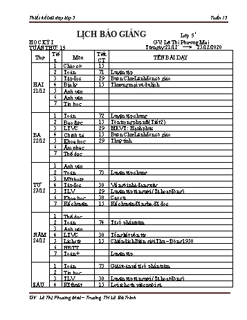 Thiết kế bài dạy học kì 1 lớp 5 - Tuần 15 Năm học 2020-2021 - Lê Thị Phương Mai - Trường Tiểu học Lê Bá Trinh