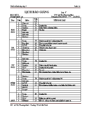 Thiết kế bài dạy học kì 1 lớp 5 - Tuần 16 Năm học 2020-2021 - Lê Thị Phương Mai - Trường Tiểu học Lê Bá Trinh