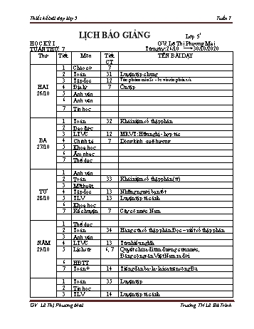 Thiết kế bài dạy học kì 1 lớp 5 - Tuần 7 Năm học 2020-2021 - Lê Thị Phương Mai - Trường Tiểu học Lê Bá Trinh