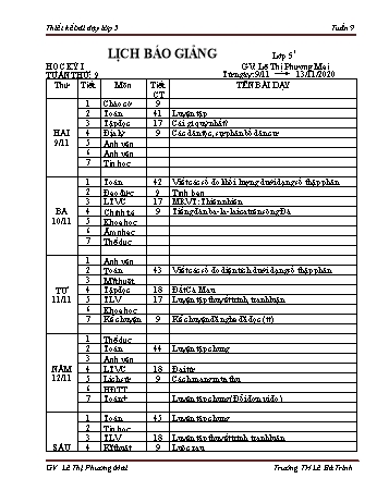 Thiết kế bài dạy học kì 1 lớp 5 - Tuần 9 Năm học 2020-2021 - Lê Thị Phương Mai - Trường Tiểu học Lê Bá Trinh