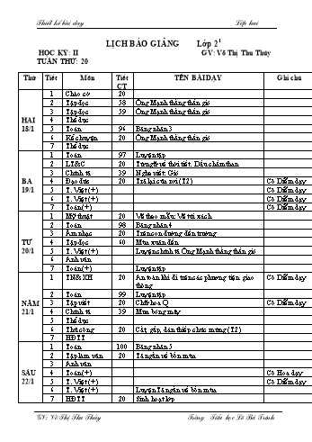 Thiết kế bài dạy học kì 2 lớp 2 - Tuần 20 Năm học 2020-2021 - Võ Thị Thu Thủy - Trường Tiểu học Lê Bá Trinh