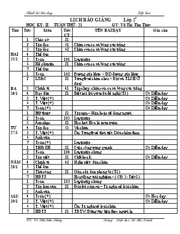 Thiết kế bài dạy học kì 2 lớp 2 - Tuần 21 Năm học 2020-2021 - Võ Thị Thu Thủy - Trường Tiểu học Lê Bá Trinh