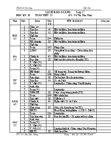 Thiết kế bài dạy học kì 2 lớp 2 - Tuần 22 Năm học 2020-2021 - Võ Thị Thu Thủy - Trường Tiểu học Lê Bá Trinh