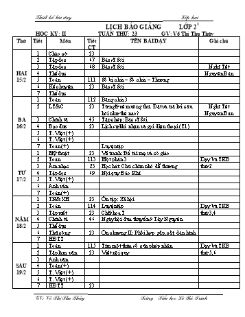 Thiết kế bài dạy học kì 2 lớp 2 - Tuần 23 Năm học 2020-2021 - Võ Thị Thu Thủy - Trường Tiểu học Lê Bá Trinh