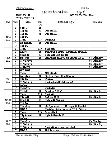 Thiết kế bài dạy học kì 2 lớp 2 - Tuần 24 Năm học 2020-2021 - Võ Thị Thu Thủy - Trường Tiểu học Lê Bá Trinh