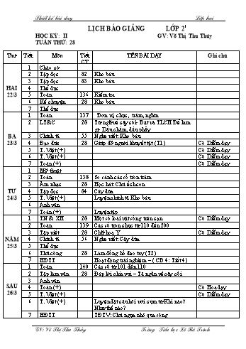 Thiết kế bài dạy học kì 2 lớp 2 - Tuần 28 Năm học 2020-2021 - Võ Thị Thu Thủy - Trường Tiểu học Lê Bá Trinh