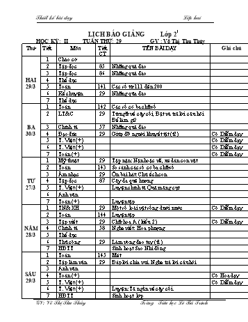 Thiết kế bài dạy học kì 2 lớp 2 - Tuần 29 Năm học 2020-2021 - Võ Thị Thu Thủy - Trường Tiểu học Lê Bá Trinh