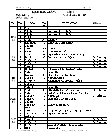 Thiết kế bài dạy học kì 2 lớp 2 - Tuần 30 Năm học 2020-2021 - Võ Thị Thu Thủy - Trường Tiểu học Lê Bá Trinh