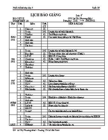 Thiết kế bài dạy lớp 5 học kì 2 - Tuần 20 Năm học 2020-2021 - Lê Thị Phương Mai - Trường Tiểu học Lê Bá Trinh