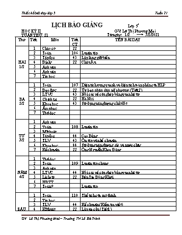 Thiết kế bài dạy lớp 5 học kì 2 - Tuần 21 Năm học 2020-2021 - Lê Thị Phương Mai - Trường Tiểu học Lê Bá Trinh