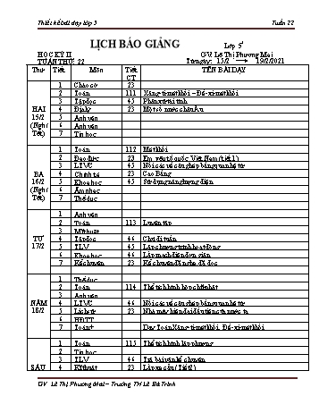 Thiết kế bài dạy lớp 5 học kì 2 - Tuần 22 Năm học 2020-2021 - Lê Thị Phương Mai - Trường Tiểu học Lê Bá Trinh