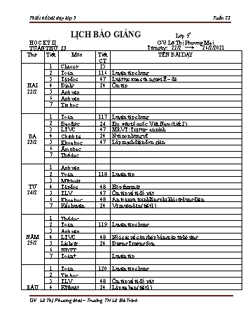 Thiết kế bài dạy lớp 5 học kì 2 - Tuần 23 Năm học 2020-2021 - Lê Thị Phương Mai - Trường Tiểu học Lê Bá Trinh