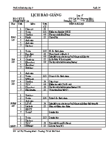 Thiết kế bài dạy lớp 5 học kì 2 - Tuần 24 Năm học 2020-2021 - Lê Thị Phương Mai - Trường Tiểu học Lê Bá Trinh