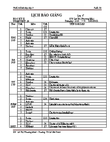 Thiết kế bài dạy lớp 5 học kì 2 - Tuần 26 Năm học 2020-2021 - Lê Thị Phương Mai - Trường Tiểu học Lê Bá Trinh