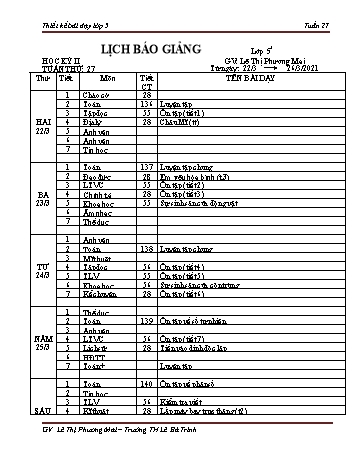 Thiết kế bài dạy lớp 5 học kì 2 - Tuần 27 Năm học 2020-2021 - Lê Thị Phương Mai - Trường Tiểu học Lê Bá Trinh