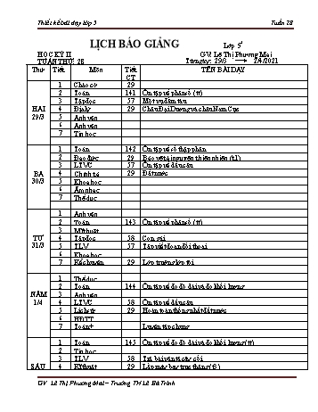 Thiết kế bài dạy lớp 5 học kì 2 - Tuần 28 Năm học 2020-2021 - Lê Thị Phương Mai - Trường Tiểu học Lê Bá Trinh