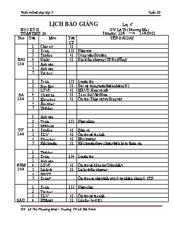 Thiết kế bài dạy lớp 5 học kì 2 - Tuần 30 Năm học 2020-2021 - Lê Thị Phương Mai - Trường Tiểu học Lê Bá Trinh