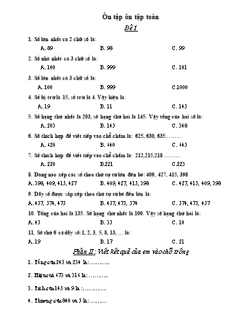 15 Đề ôn tập môn Toán Lớp 3