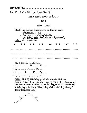 3 Đề ôn tập môn Tiếng Việt + Toán Lớp 2 - Tuần 21 - Trường Tiểu học Nguyễn Văn Lịch