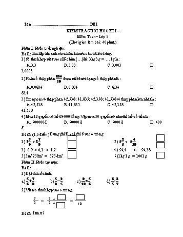 5 Đề kiểm tra cuối học kì I môn Toán Lớp 5