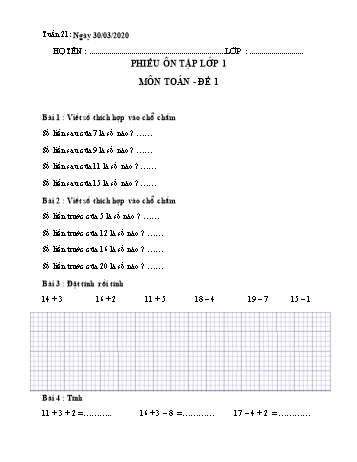5 Đề ôn tập môn Toán Lớp 1 - Tuần 21 - Năm học 2019-2020
