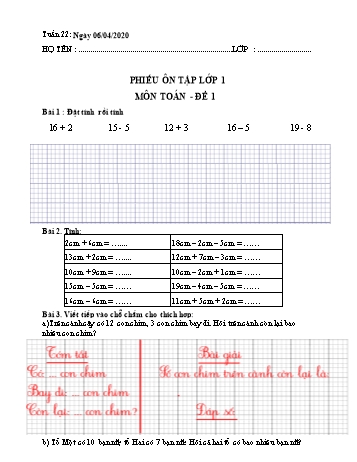 5 Đề ôn tập môn Toán Lớp 1 - Tuần 22 - Năm học 2019-2020