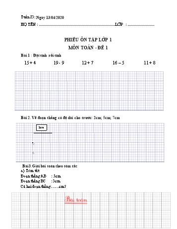 5 Đề ôn tập môn Toán Lớp 1 - Tuần 23 - Năm học 2019-2020