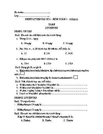 5 Phiếu luyện tập môn Toán Lớp 3 - Tuần 22