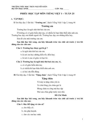 Bài dạy môn Tiếng Việt Lớp 1 - Tuần 25 - Trường tiểu học Trần Nguyên Hãn