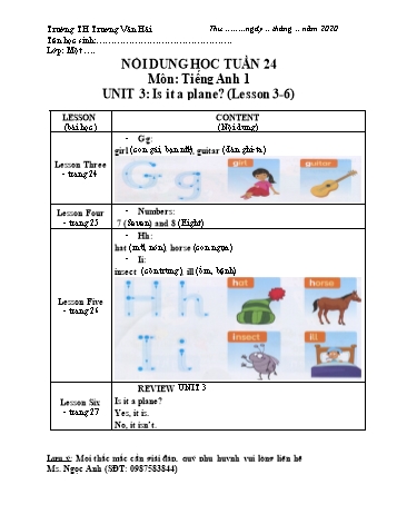 Bài dạy Tiếng Anh Lớp 1 - Tuần 24 - Năm học 2019-2020 - Trường Tiểu học Trương Văn Hải