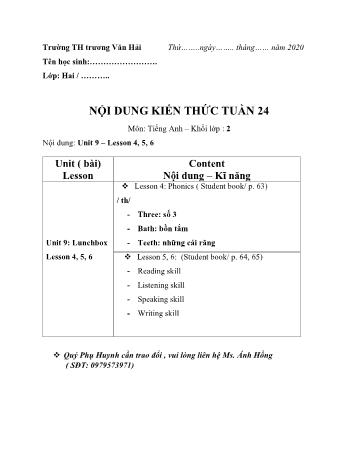 Bài dạy Tiếng Anh Lớp 2 - Unit 9: Lunchbox - Lesson 4+5+6 - Trường tiểu học Trương Văn Hải