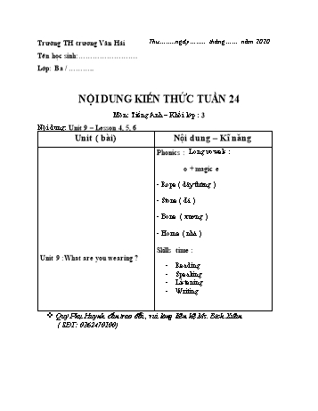 Bài dạy Tiếng Anh Lớp 3 - Tuần 24 - Năm học 2019-2020 - Trường Tiểu học Trương Văn Hải