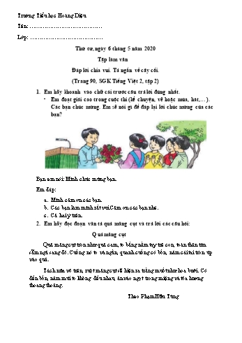 Bài tập ôn tập môn Tập làm văn Lớp 2 - Bài: Đáp lời chia vui. Tả ngắn về cây cối - Năm học 2019-2020 - Trường tiểu học Hoàng Diệu