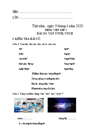 Bài tập ôn tập môn Tiếng Việt Lớp 1 - Bài 101: Vần Uynh, Uych - Năm học 2019-2020 - Trường tiểu học Hoàng Diệu