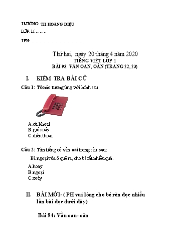 Bài tập ôn tập môn Tiếng Việt Lớp 1 - Bài 93: Vần Oan, Oăn - Năm học 2019-2020 - Trường tiểu học Hoàng Diệu