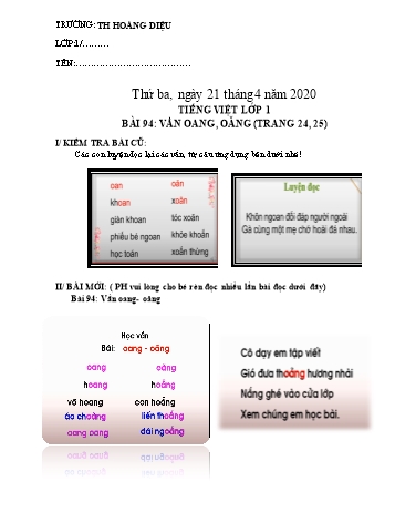 Bài tập ôn tập môn Tiếng Việt Lớp 1 - Bài 94: Vần oang, oăng - Năm học 2019-2020 - Trường tiểu học Hoàng Diệu