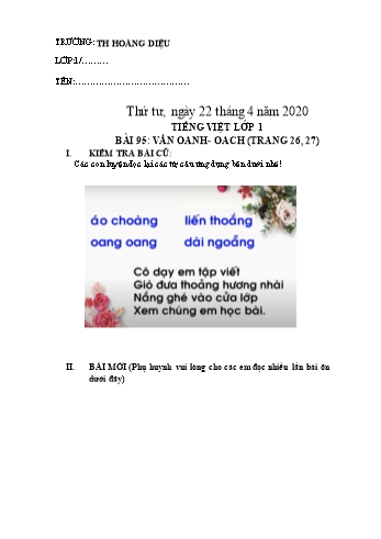 Bài tập ôn tập môn Tiếng Việt Lớp 1 - Bài 95: Vần Oanh, Oach - Năm học 2019-2020 - Trường tiểu học Hoàng Diệu