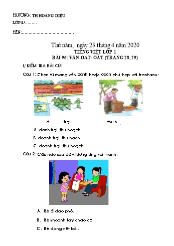 Bài tập ôn tập môn Tiếng Việt Lớp 1 - Bài 96: Vần Oat, Oăt - Năm học 2019-2020 - Trường tiểu học Hoàng Diệu