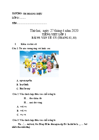 Bài tập ôn tập môn Tiếng Việt Lớp 1 - Bài 98: Vần Uê, Uy - Năm học 2019-2020 - Trường tiểu học Hoàng Diệu