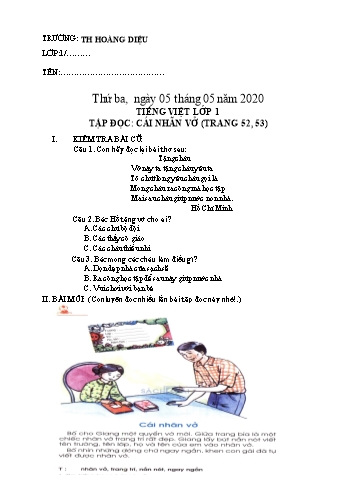 Bài tập ôn tập môn Tiếng Việt Lớp 1 (Phần: Tập đọc) - Bài: Cái nhãn vở - Năm học 2019-2020 - Trường tiểu học Hoàng Diệu