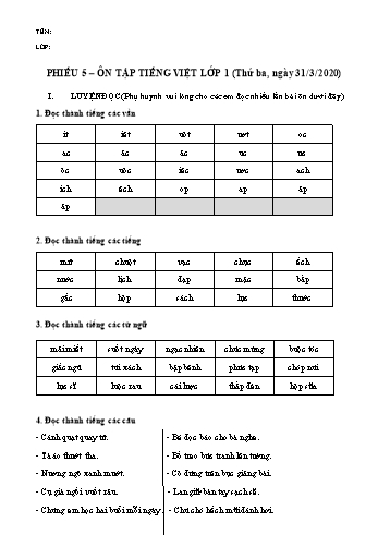 Bài tập ôn tập môn Tiếng Việt Lớp 1 - Phiếu số 5 - Năm học 2019-2020