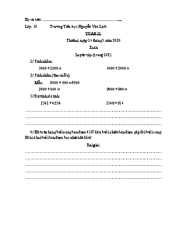 Bài tập ôn tập môn Tiếng Việt + Toán Lớp 3 - Tuần 21 - Năm học 2019-2020 - Trường Tiểu học Nguyễn Văn Lịch