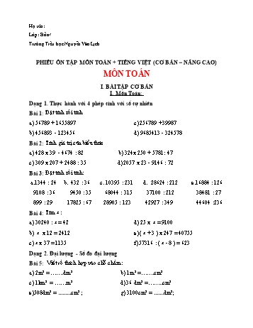 Bài tập ôn tập môn Tiếng Việt + Toán Lớp 4 (Dạng cơ bản và nâng cao) - Trường Tiểu học Nguyễn Văn Lịch