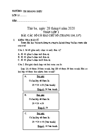 Bài tập ôn tập môn Toán Lớp 1 - Bài: Các số có hai chữ số (trang 136, 137) - Năm học 2019-2020 - Trường tiểu học Hoàng Diệu