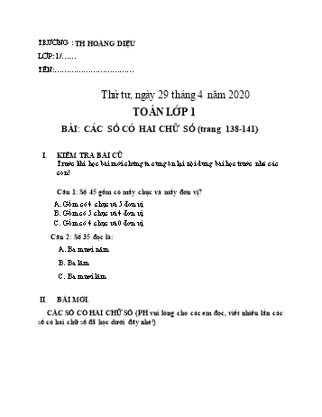 Bài tập ôn tập môn Toán Lớp 1 - Bài: Các số có hai chữ số (trang 138,141) - Năm học 2019-2020 - Trường tiểu học Hoàng Diệu