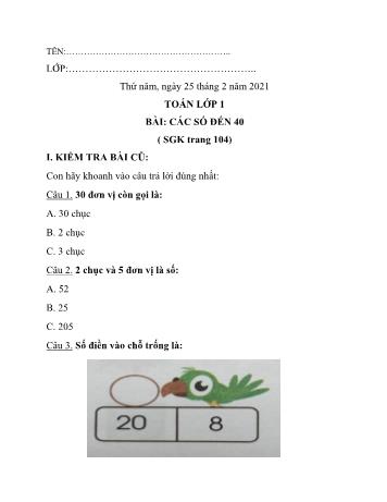 Bài tập ôn tập môn Toán Lớp 1 - Bài: Các số đến 40 - Năm học 2020-2021