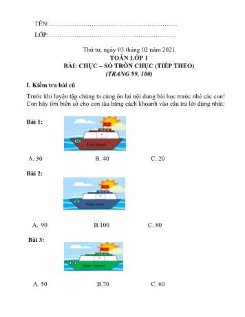 Bài tập ôn tập môn Toán Lớp 1 - Bài: Chục. Số tròn chục (Tiếp theo) - Năm học 2020-2021 - Trường tiểu học Hoàng Diệu